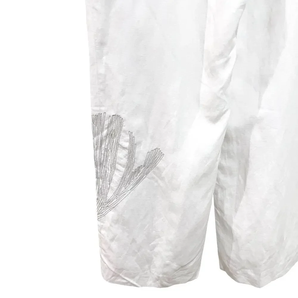 COS Embroidered Wide-Leg Pants Women Ivory with Silver SZ 14